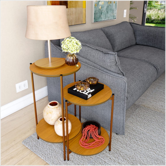 Kit 2 Mesas Laterais Decorativas Lunis com Pés de Aço e MDF Laqueado | Casa Niva