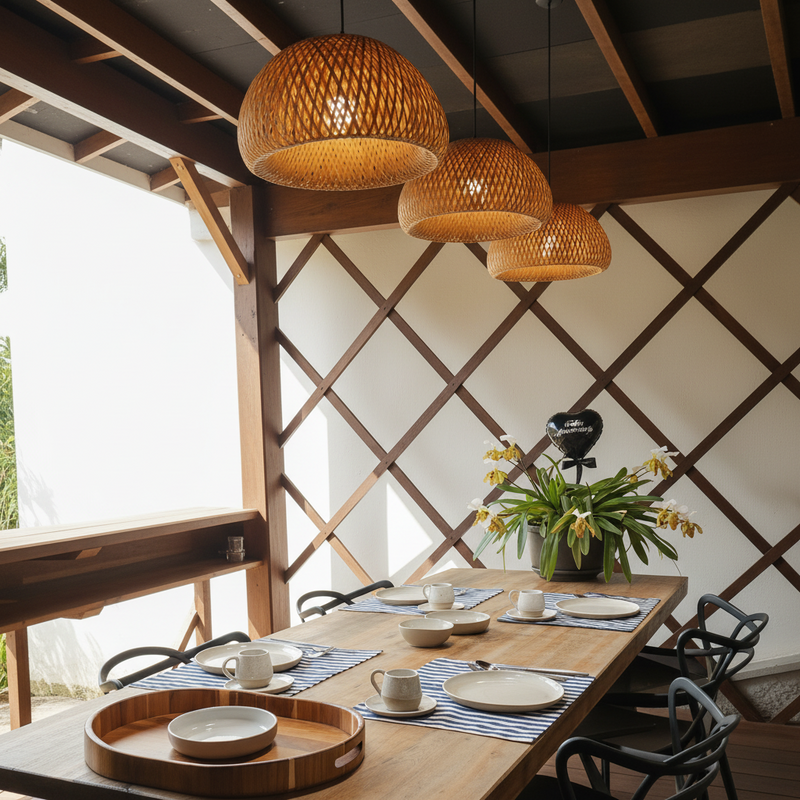 Composição de Lustres Teto Luminária Pendente Bambu Rattan Rústico Trançado Conjunto Sala Cozinha Varanda