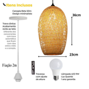Lustre Pendente em Bambu Rattan Artesanal com Lâmpada LED Inclusa | Casa Niva