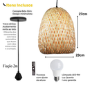 Lustre Pendente em Bambu Rattan Artesanal com Lâmpada LED Inclusa | Casa Niva