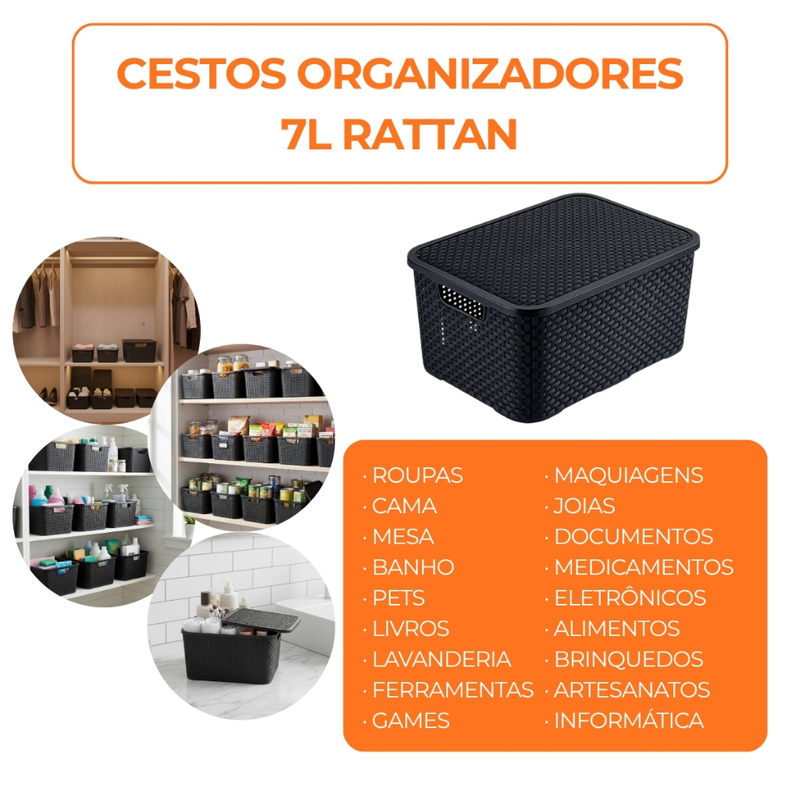 Kit 3 Cestos Organizadores Multiuso Rattan 7L Com Tampa Colorido
