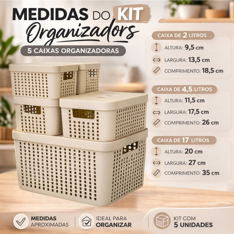 Kit 5 Caixas Organizadoras com Tampa Cesto Grande de Plástico 2 Litros 4,5 Litros 17 Litros