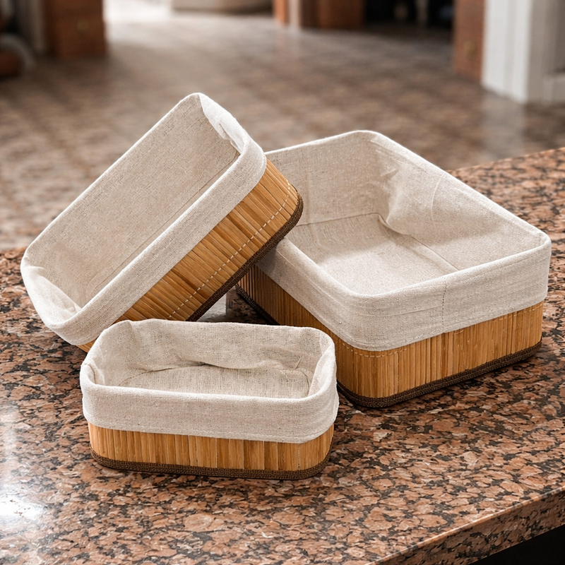 3 Cestos Organizadores de Bambu com Forro Lavável Multiuso Banheiro Cozinha Lavanderia Decoração Pequeno M Grande